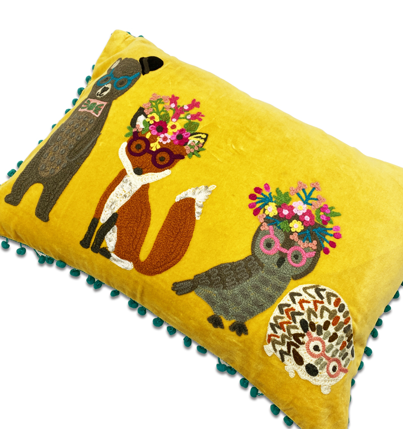Embroidered Woodland Friends Cushion Cover With Mustard Background