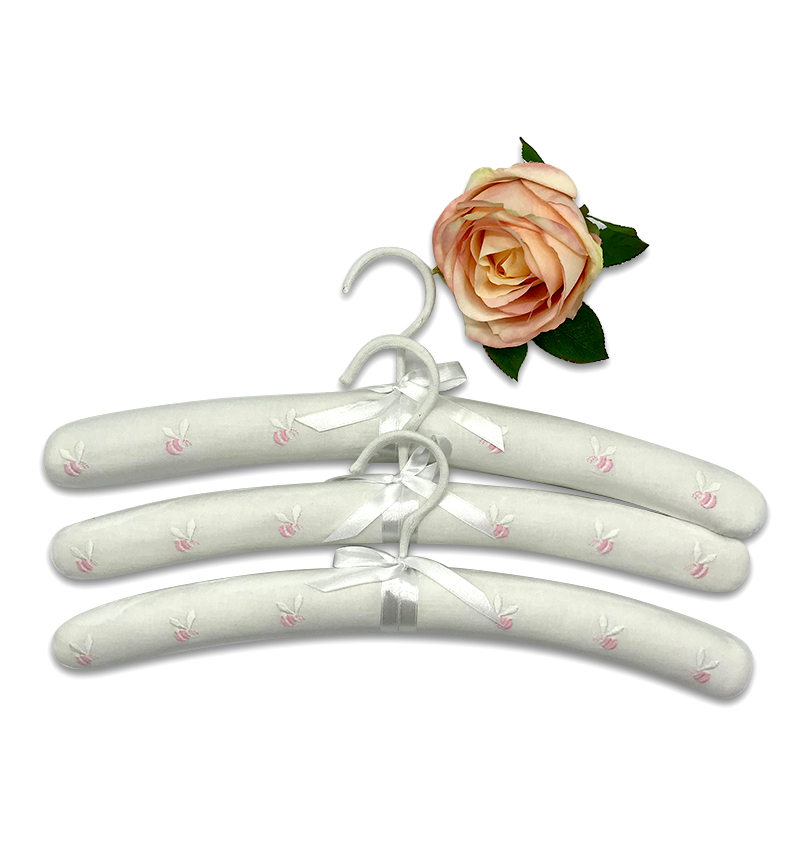 Set Of Three Luxury Padded Coat Hangers White With Pink Bee