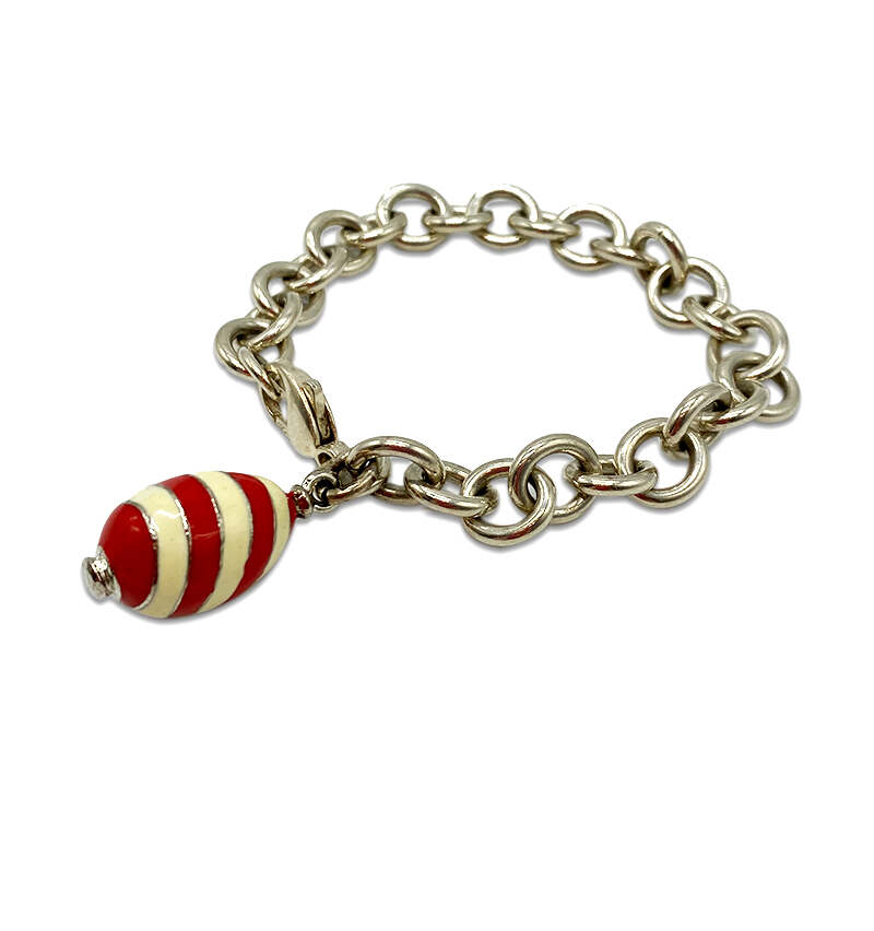 Heavy Sterling Silver 925 Bracelet With Red And Cream Striped Ovoid Charm - 1940s